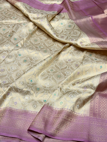 Cream Handwoven Banarasi Pure Silk Brocade Saree with Pastel Pink Satin Border – Luxurious Katan Silk