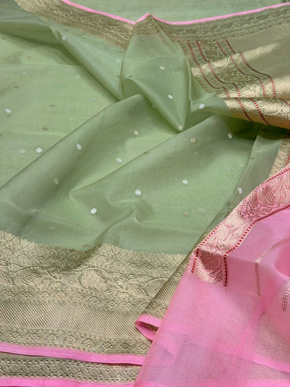 Pista Green Handwoven Pure Banarasi Organza Silk Saree – Kadwa Weave in Kora Mulberry Silk