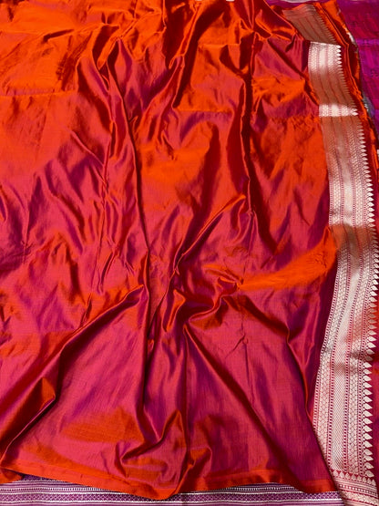 Orange Handwoven Pure Banarasi Satin Tanchoi Silk Saree