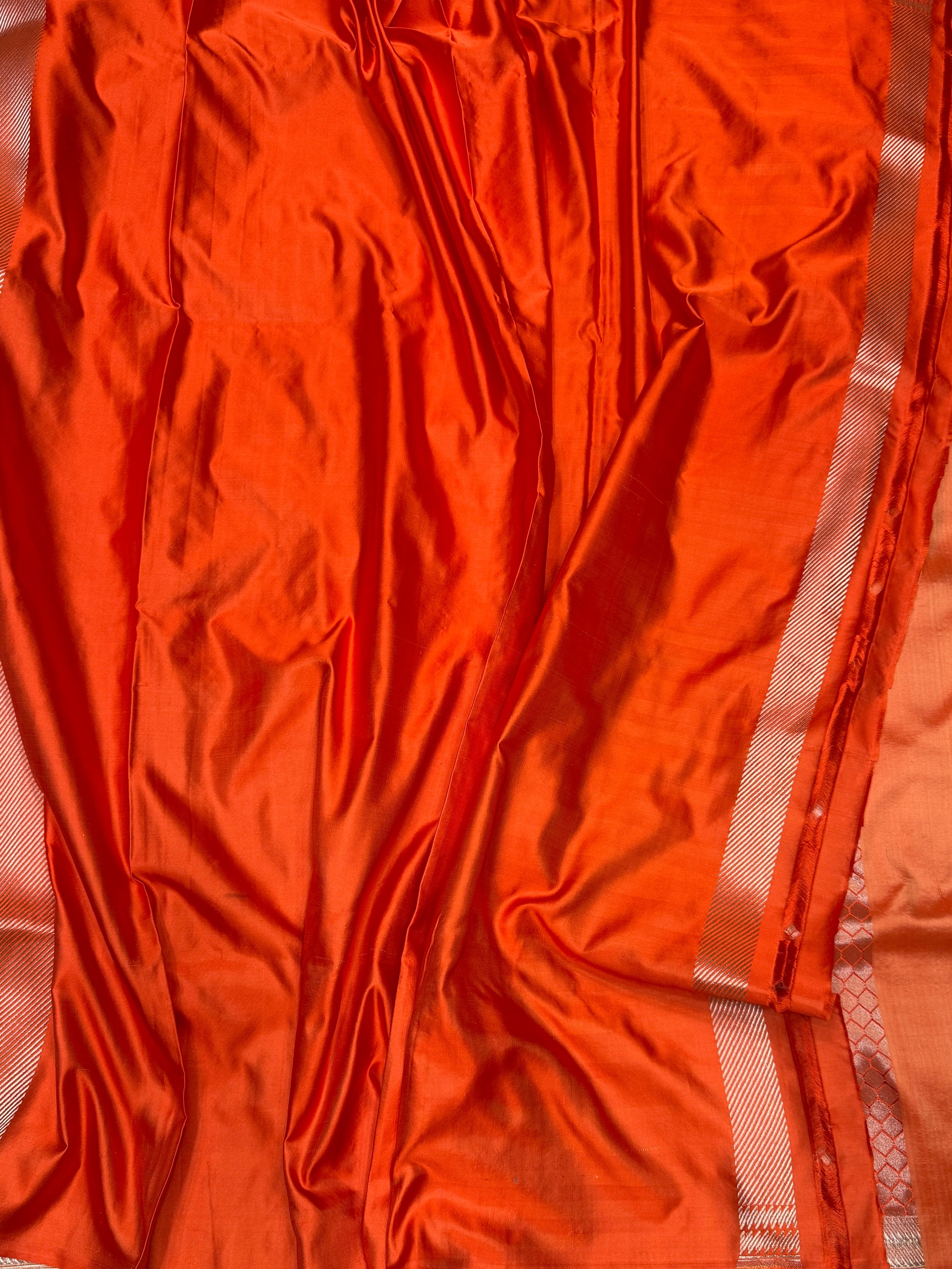 Orange Handwoven Pure Banarasi Satin Tanchoi Silk Saree