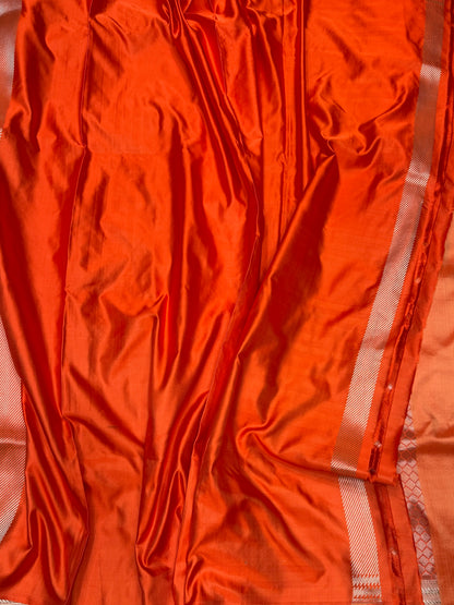 Orange Handwoven Pure Banarasi Satin Tanchoi Silk Saree