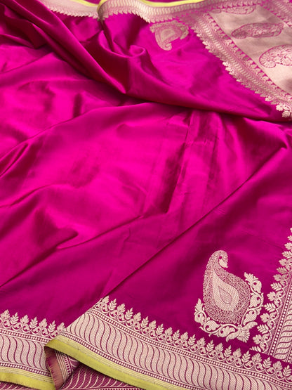 Rani Pink Handwoven Pure Banarasi Mashru Satin Silk Saree