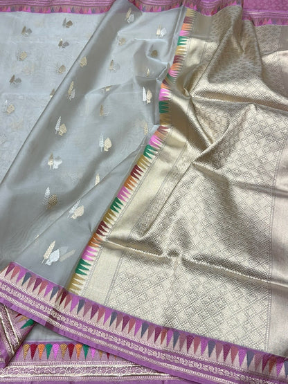 Ash Grey Handwoven Pure Organza Silk Saree