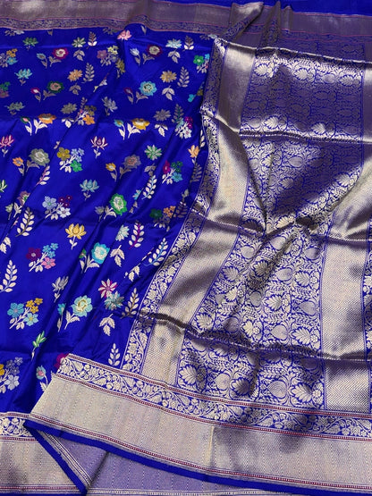Royal Blue Handwoven Pure Banarasi Silk Saree in Kadwa Weave | Authentic Katan Mulberry Silk