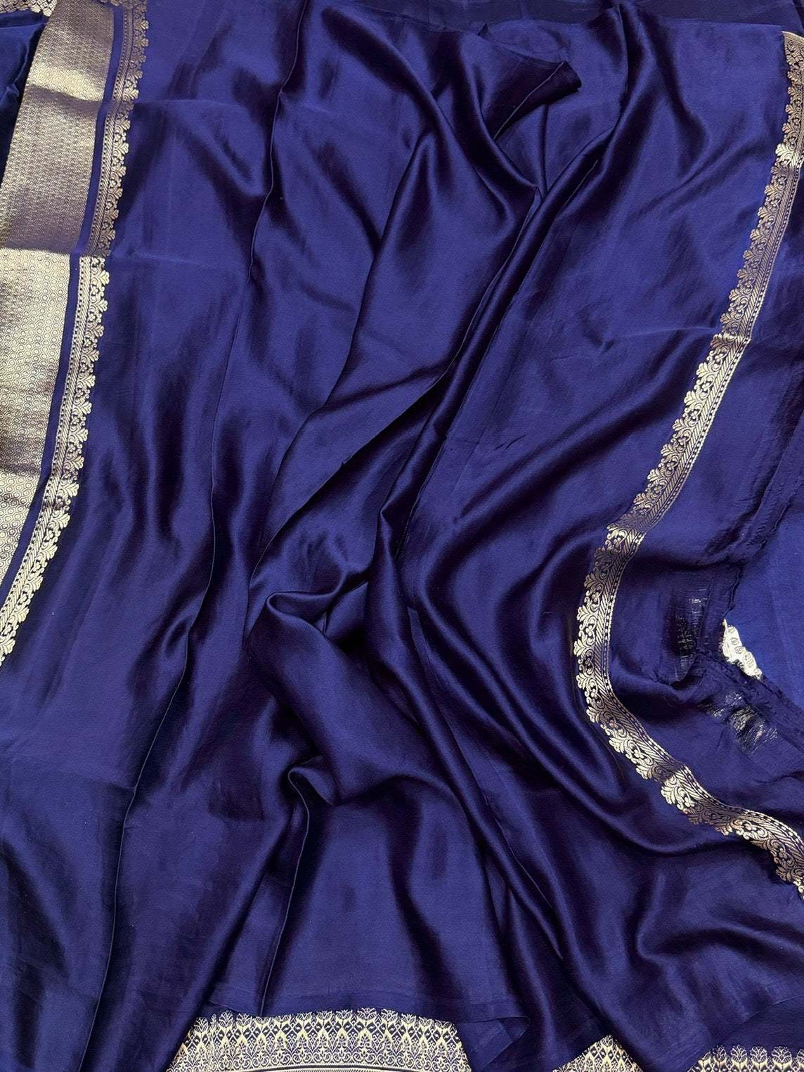 Navy Blue Handwoven Pure Mashru Banarasi Satin Silk Saree