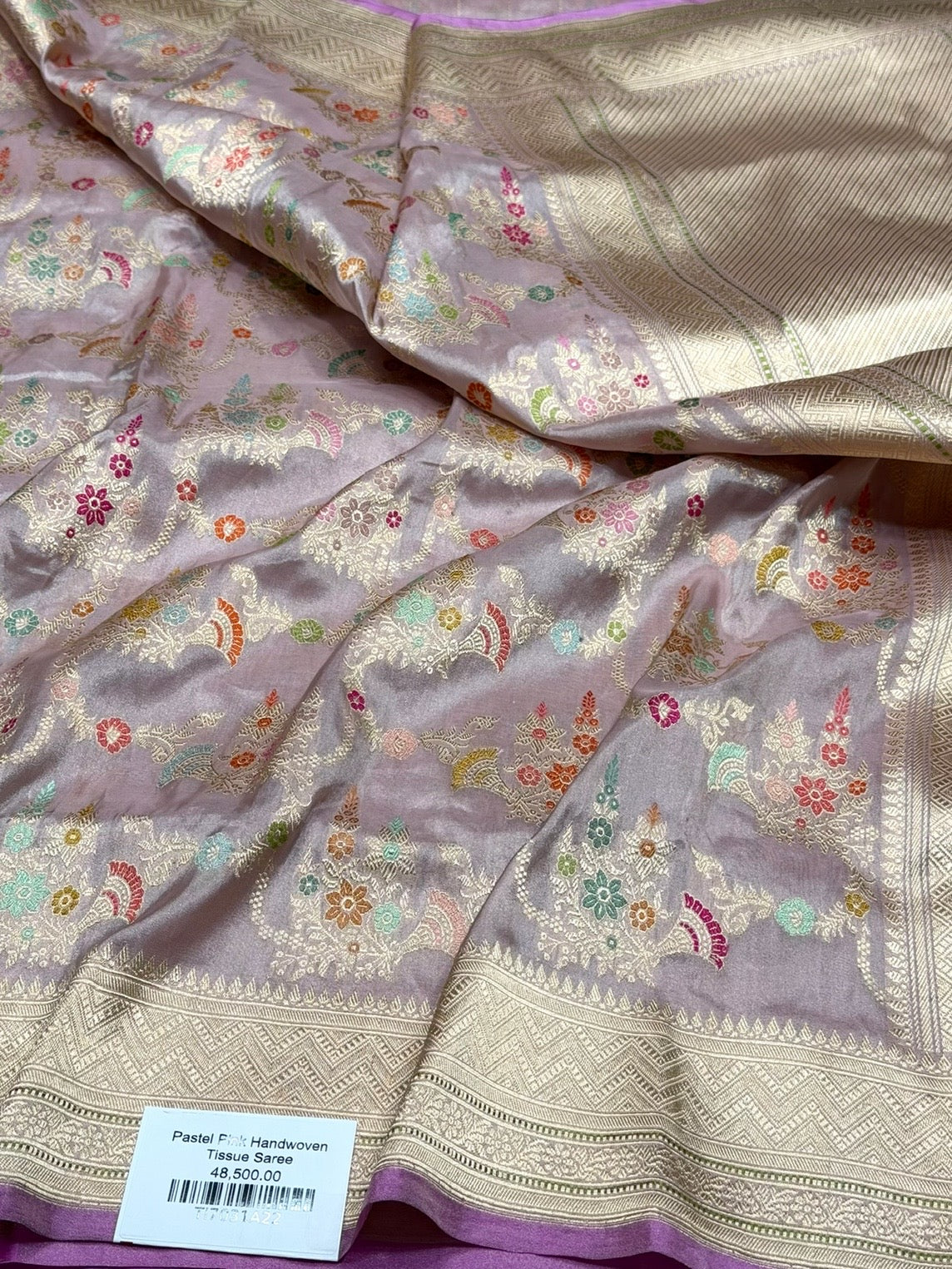 Pastel Pink Handwoven Pure Banarasi Tissue Saree