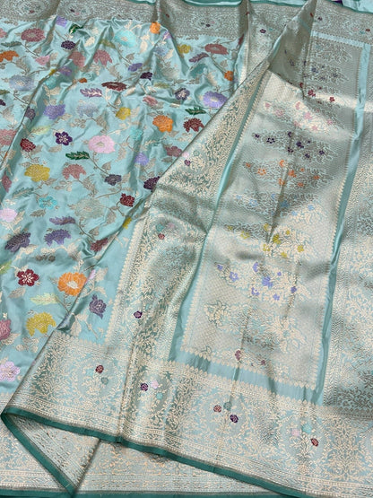 Sky Blue Handwoven Pure Banarasi Silk Saree – Luxury Kadwa Handloom Wedding &amp; Festive Saree