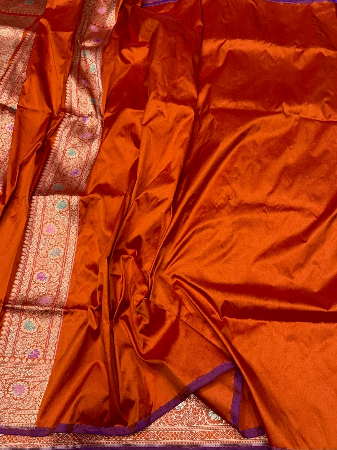 Orange Handwoven Pure Banarasi Silk Saree in Kadwa Weave | Authentic Katan Mulberry Silk