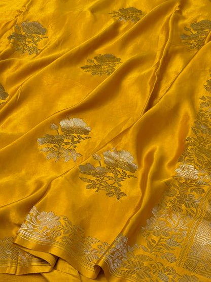 Yellow Handwoven Pure Mashru Banarasi Satin Silk Saree