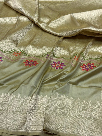 Olive Green Handwoven Pure Banarasi Silk Kadwa Saree – 100% Pure Katan Mulberry Silk Brocade