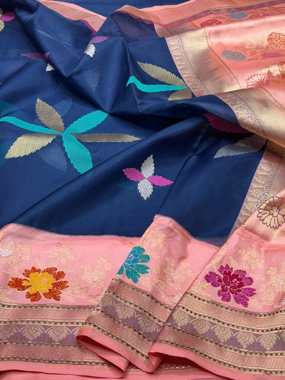 Navy Blue Handwoven Pure Banarasi Organza Silk Saree – Kadwa Weave in Kora Mulberry Silk