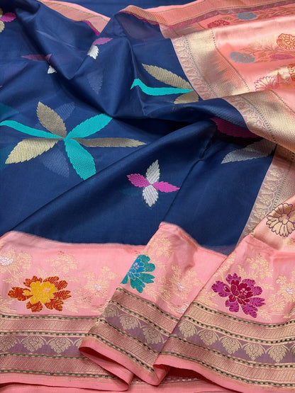 Navy Blue Handwoven Pure Banarasi Organza Silk Saree – Kadwa Weave in Kora Mulberry Silk
