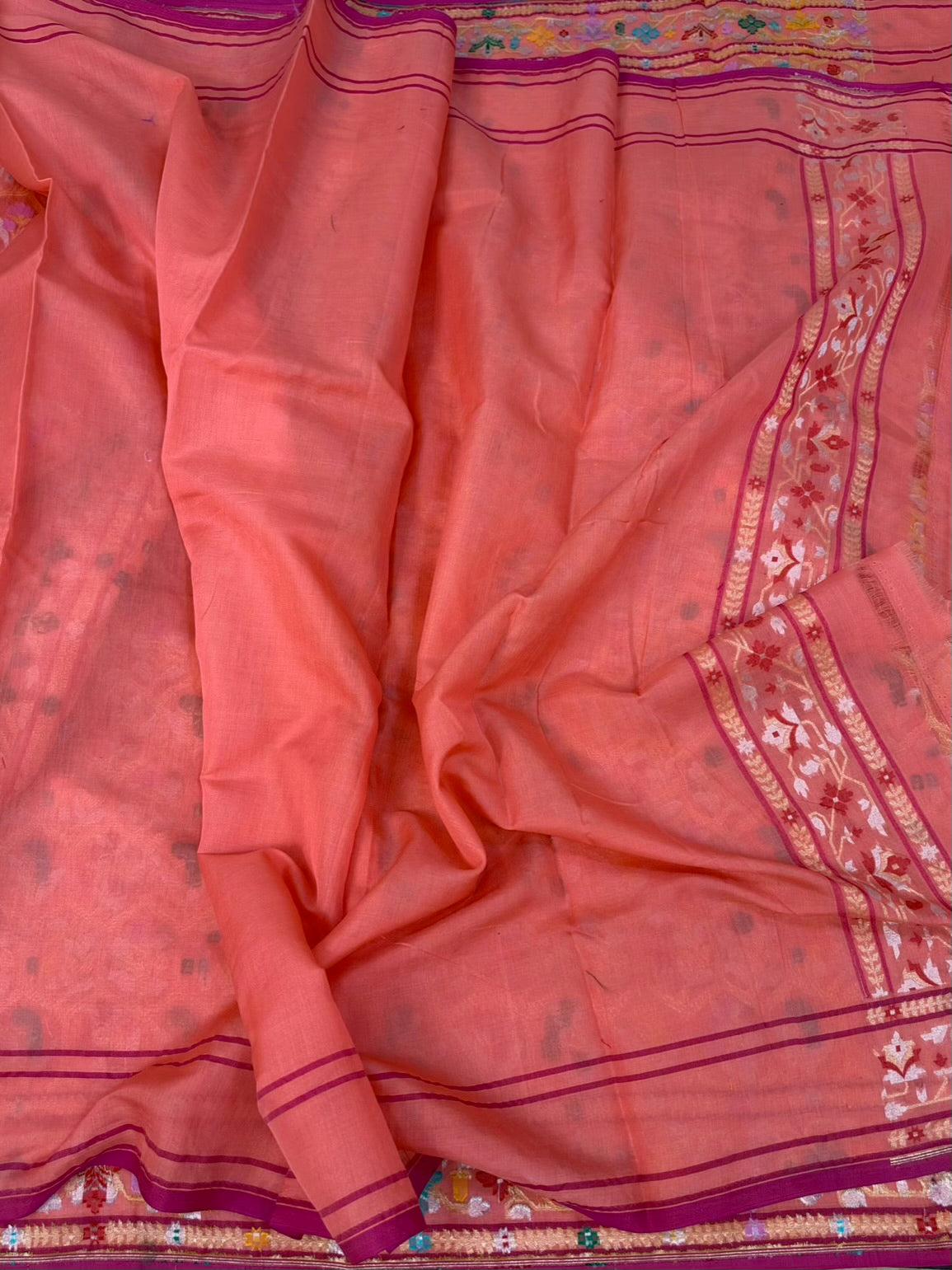 Peach Banarasi Pure Muslin Kora Jamdani Saree