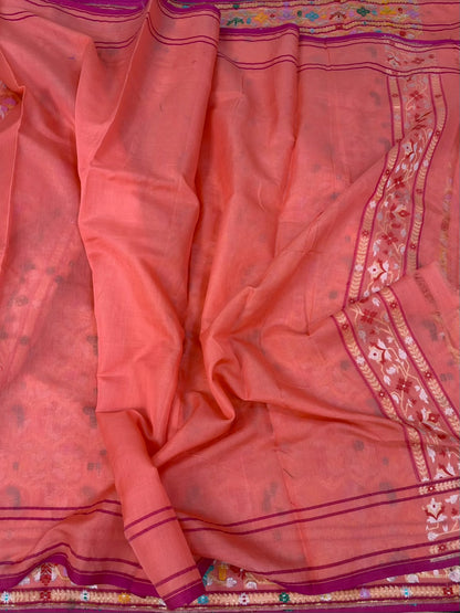 Peach Banarasi Pure Muslin Kora Jamdani Saree
