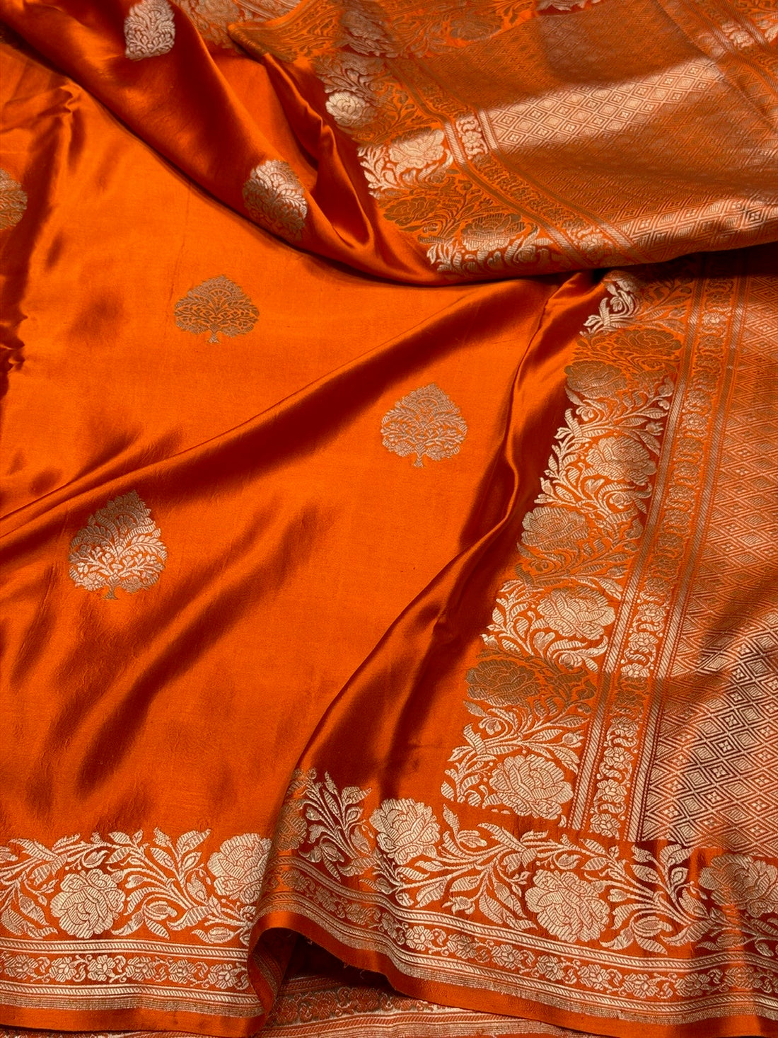 Orange Handwoven Pure Mashru Banarasi Satin Silk Saree