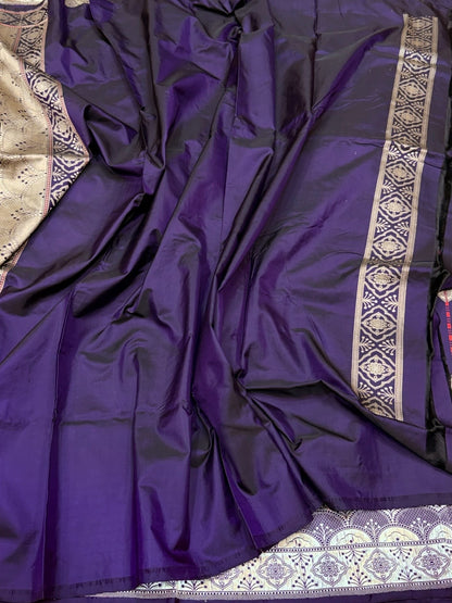 Purple Handwoven Pure Banarasi Silk Saree – Kadwa Weave in 100% Katan Mulberry Silk