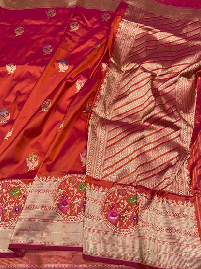 Rust-Maroon Handwoven Pure Banarasi Silk Saree – Kadwa Weave in 100% Katan Mulberry Silk