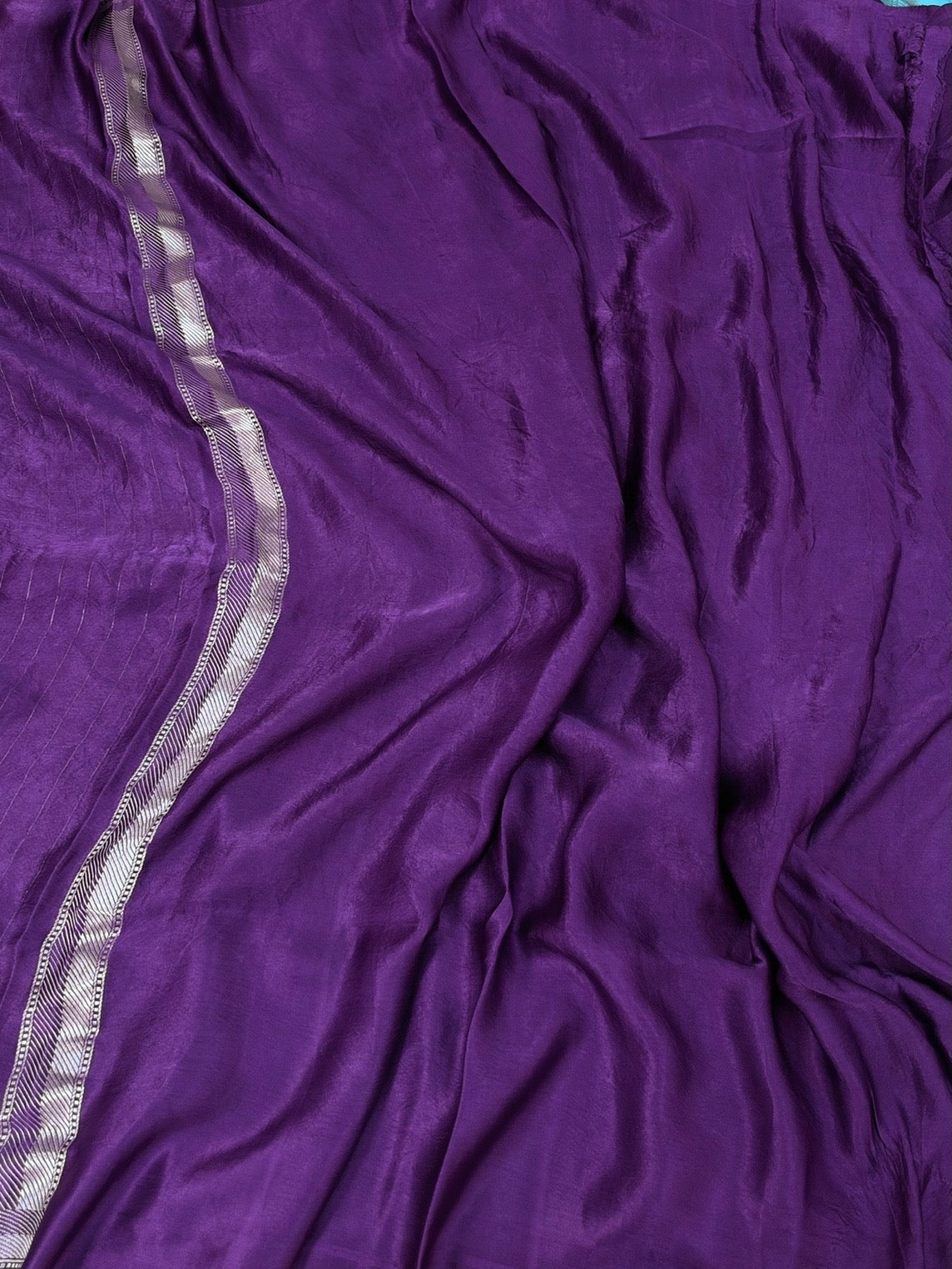Purple Handwoven Pure Banarasi Mashru Satin Silk Saree