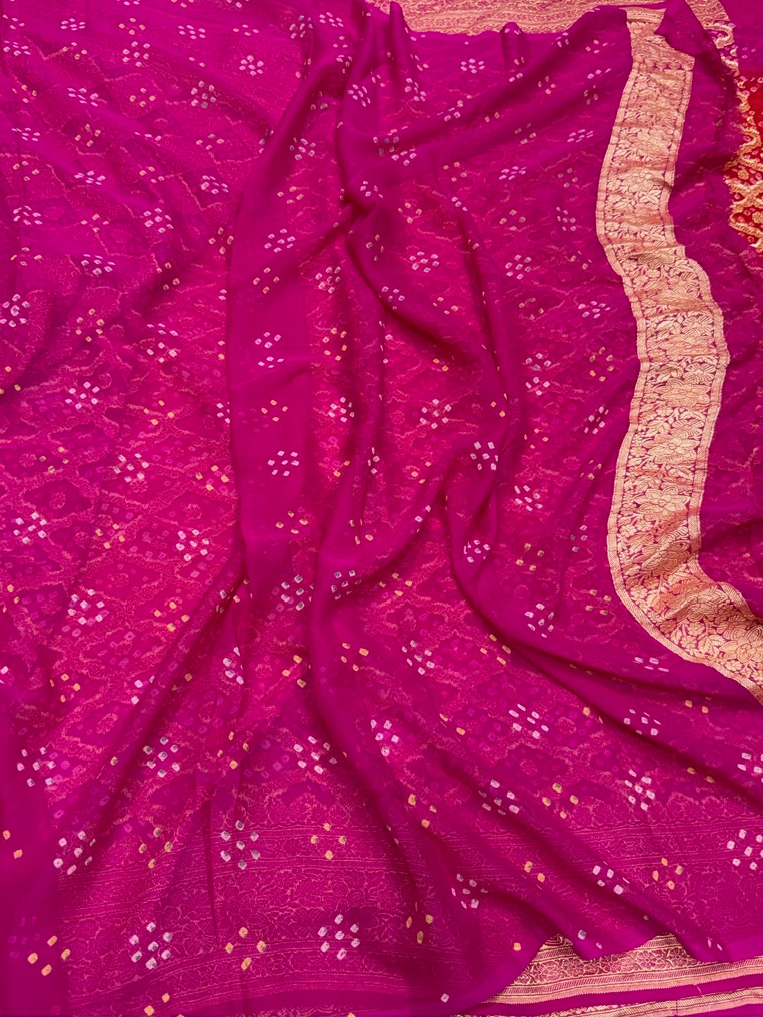 Rani Pink Banarasi Pure Bandhej Georgette Saree – Luxury Cutwork Brocade Festive Saree