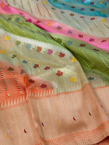 Peach Handwoven Pure Banarasi Rangkaat Silk Saree