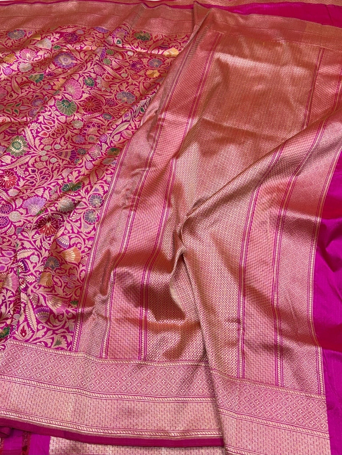 Rani Pink Handwoven Kimkhab Pure Banarasi Silk Brocade Saree – 100% Katan Mulberry Silk