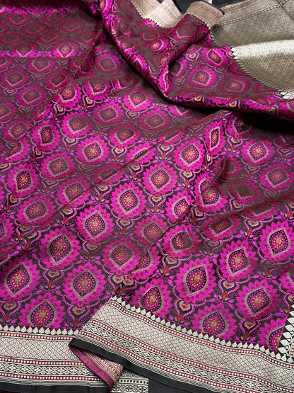 Magenta Pink Handwoven Pure Banarasi Satin Tanchoi Silk Saree – Kadwa Weave | Authentic Banaras Handloom