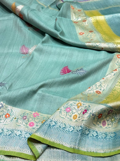 Powder Blue Handwoven Pure Tussar Georgette Saree