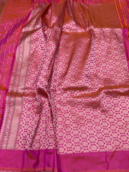 Orangish Pink Handwoven Pure Banarasi Ektara Silk Saree – Kadwa Iktara Weave, Pure Mulberry Silk