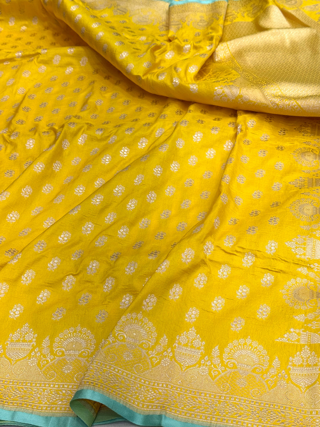Yellow Pure Banarasi Silk Saree in Cutwork Weave – Katan Silk Elegance