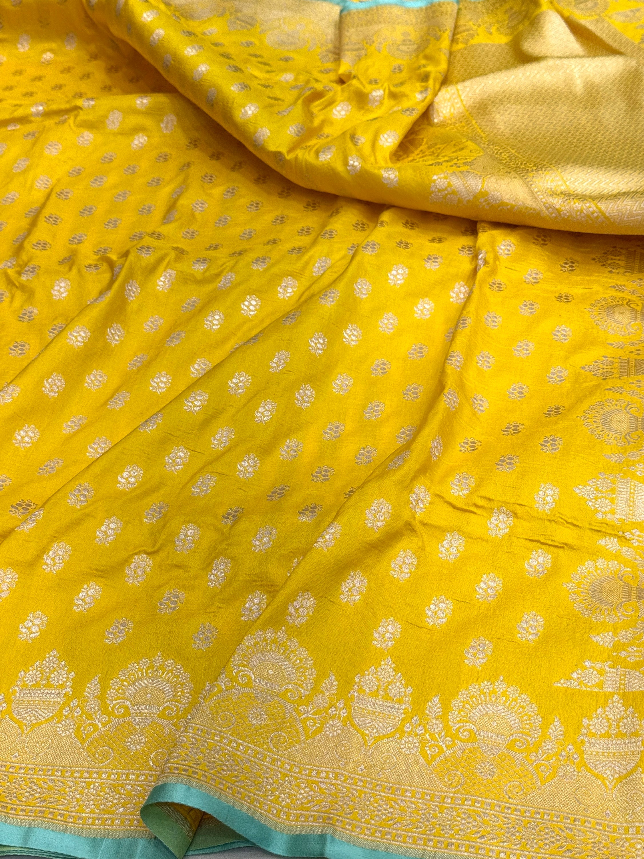 Yellow Pure Banarasi Silk Saree in Cutwork Weave – Katan Silk Elegance