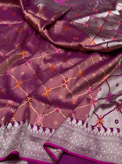 Magenta Pink Handwoven Pure Banarasi Kimkhab Silk Brocade Saree – Luxury Banarasi Brocade