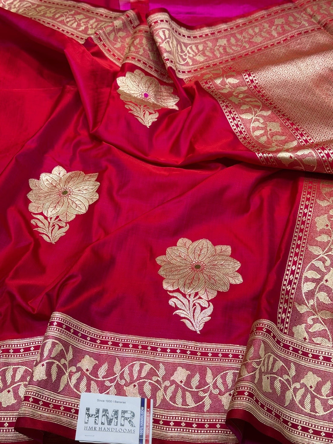 Reddish Pink Handwoven Vintage Pure Banarasi Satin Silk Saree