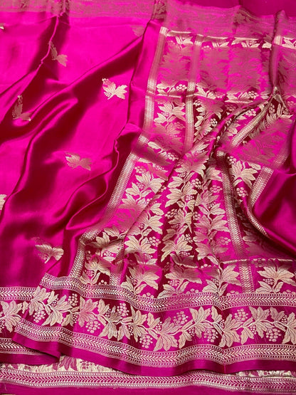 Rani Pink Handwoven Pure Mashru Banarasi Satin Silk Saree – Kadwa Weave | Authentic Banaras Handloom