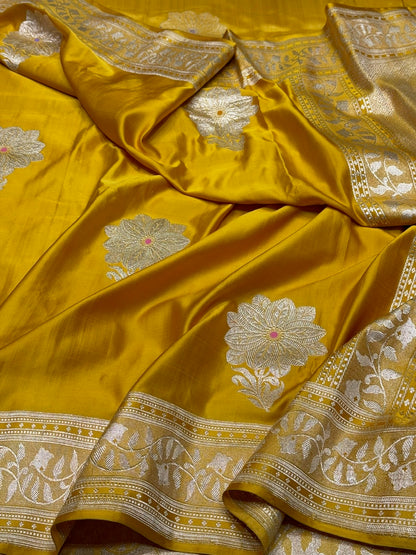 Yellow Handwoven Vintage Pure Banarasi Satin Silk Saree