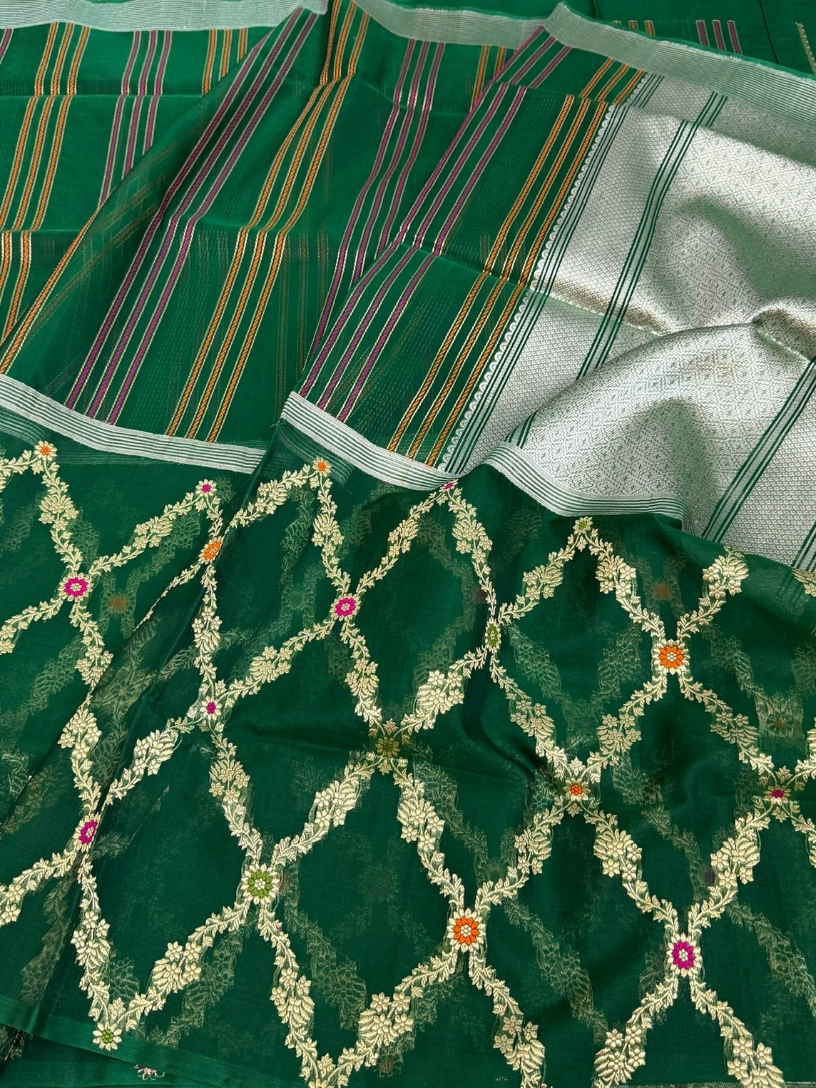 Bottle green Handwoven Pure Organza Silk Saree