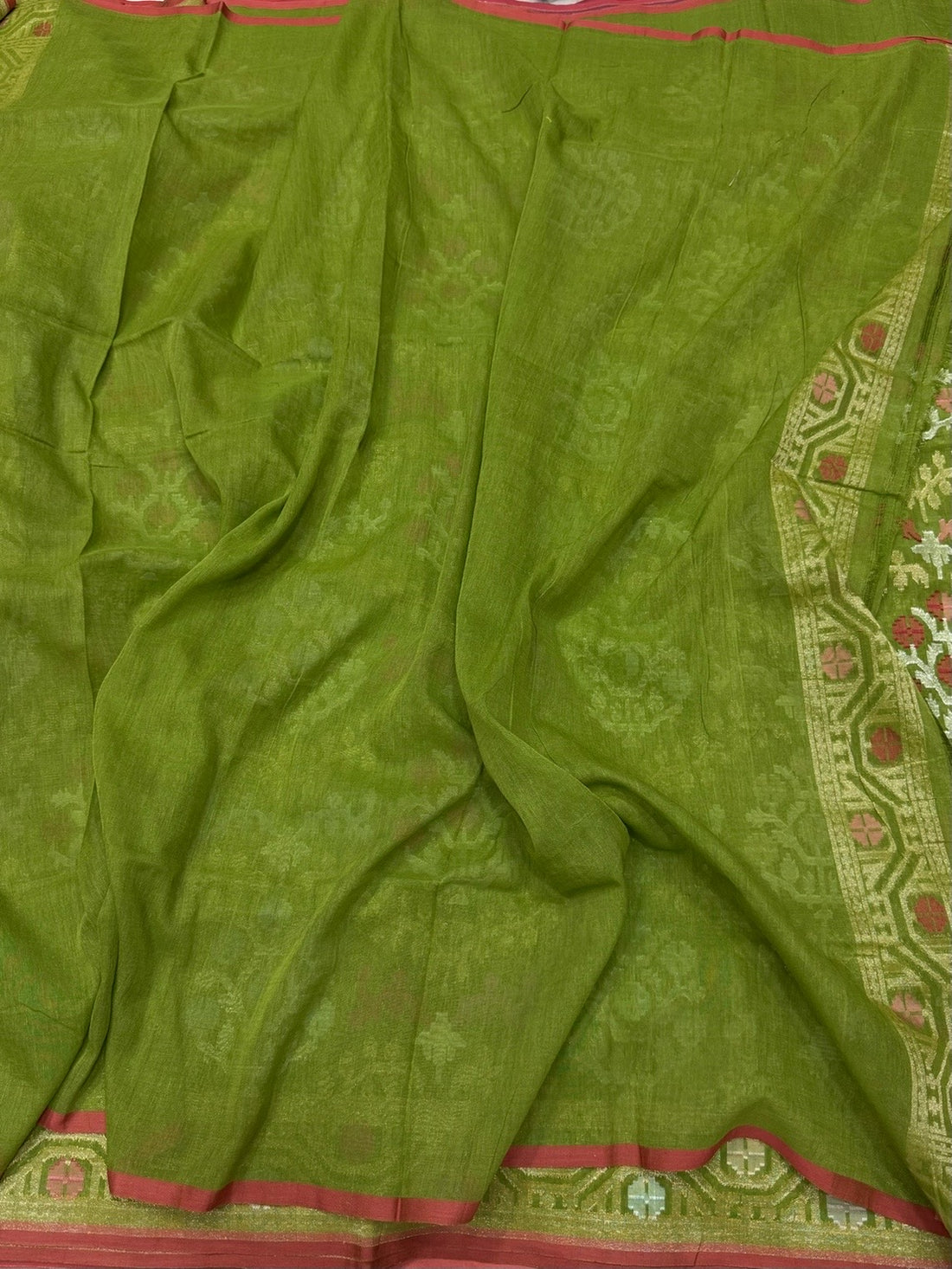 Green Pure Muslin Cotton Jamdani Saree