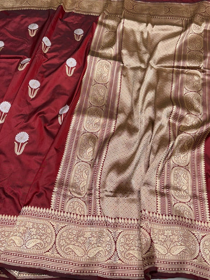 Maroon Handwoven Pure Banarasi Silk Saree in Kadwa Weave | 100% Pure Katan Silk