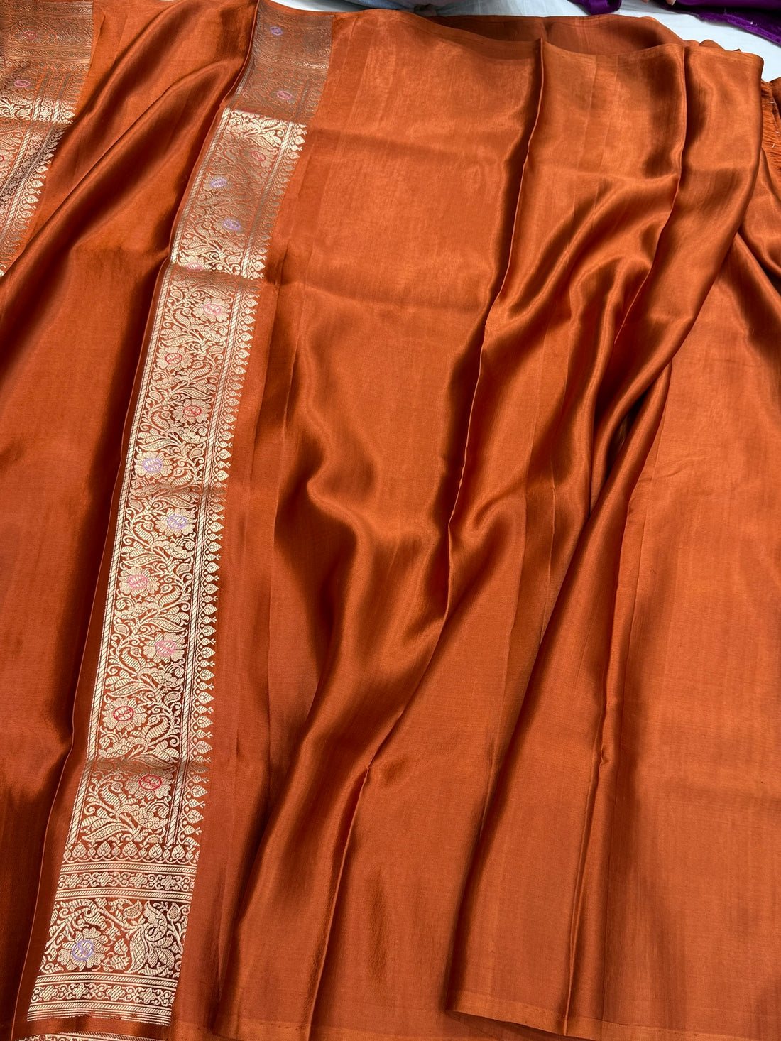 Rust Orange Handwoven Pure Mashru Banarasi Satin Silk Saree – Kadwa Weave | Authentic Banaras Handloom