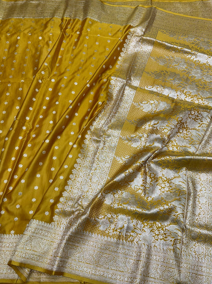 Yellow Handwoven Vintage Pure Banarasi Satin Silk Saree