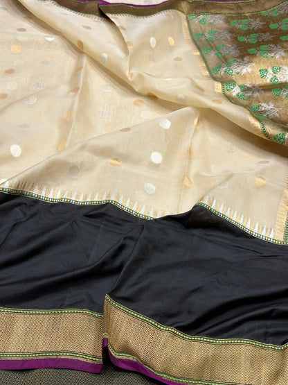Ivory &amp; Black Handwoven Pure Organza Silk Saree