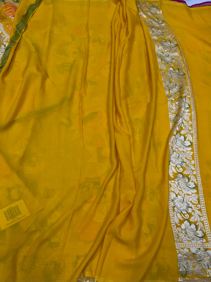 Yellow Pure Banarasi Chiffon Georgette Saree