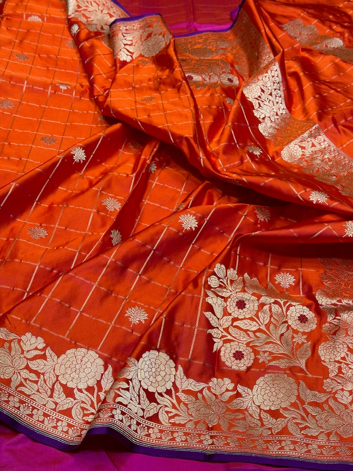 Orange Handwoven Pure Banarasi Satin Silk Saree – Kadwa Weave | 100% Pure Satin Silk | Authentic Banaras Handloom