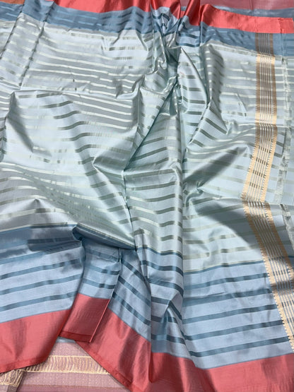 Ash Grey Handwoven Banarasi Pure Satin Tanchoi Silk Saree