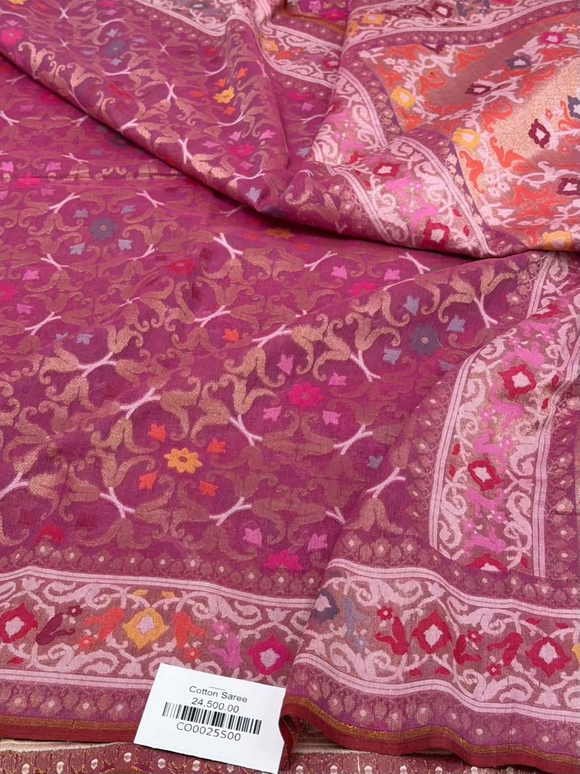 Rani Pink Pure Muslin Cotton Jamdani Saree