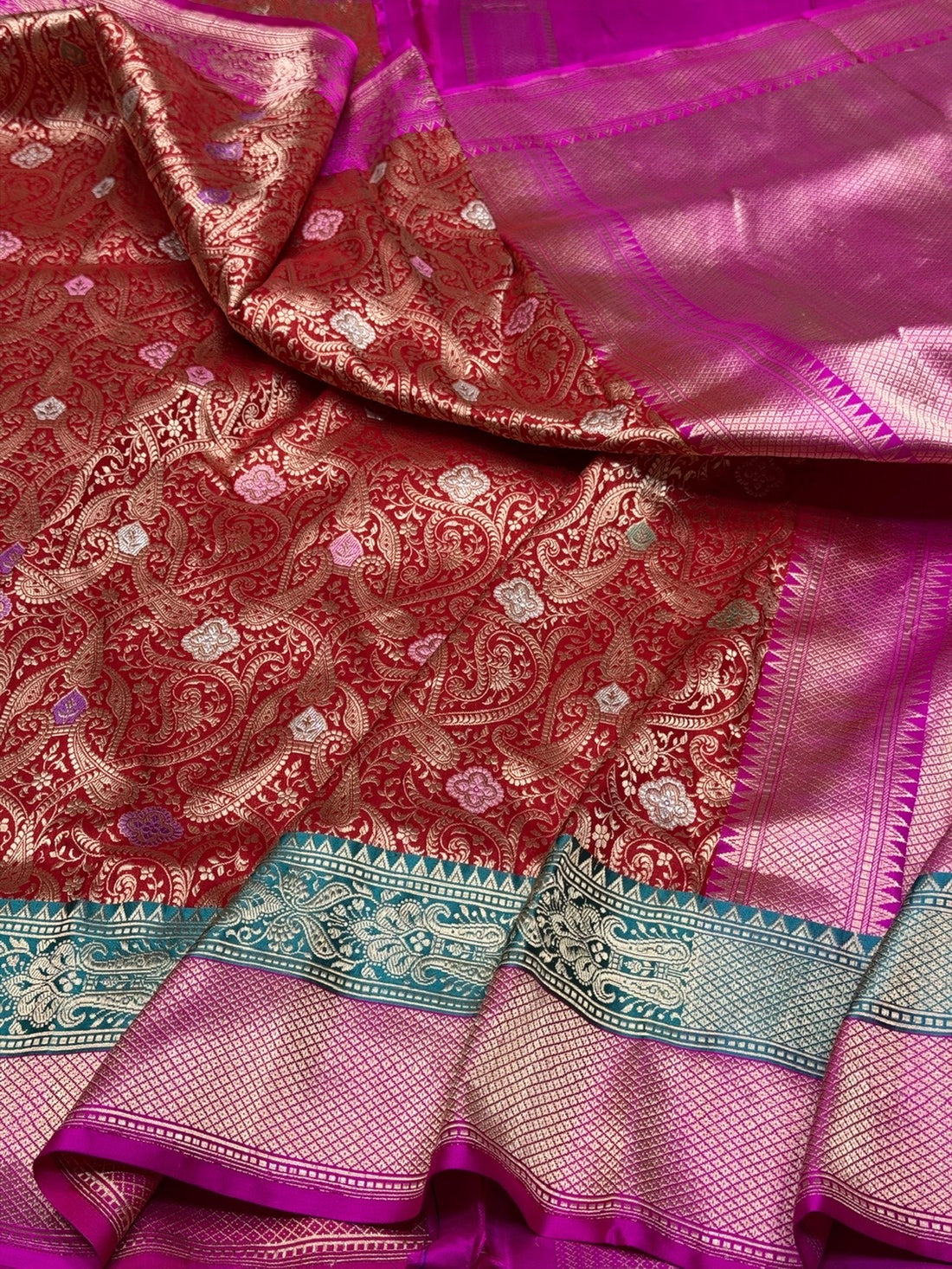 Red Pure Banarasi Silk Brocade Saree with Rani Pink Satin Border – Katan Silk Elegance