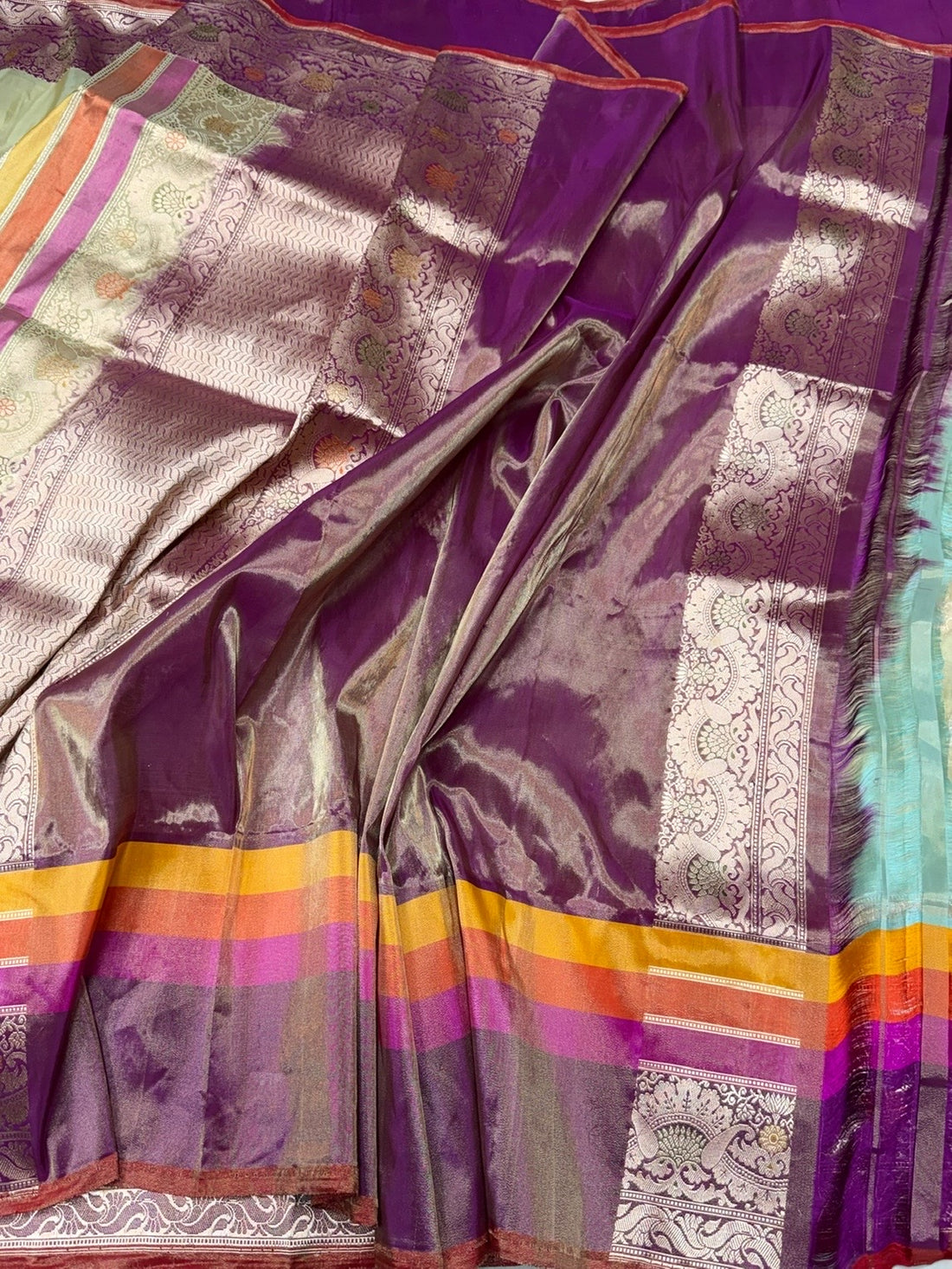 Pista Green Handwoven Pure Banarasi Tissue Silk Saree – Kadwa Weave | Lightweight Katan-Tissue Silk | Modern Skirt Design