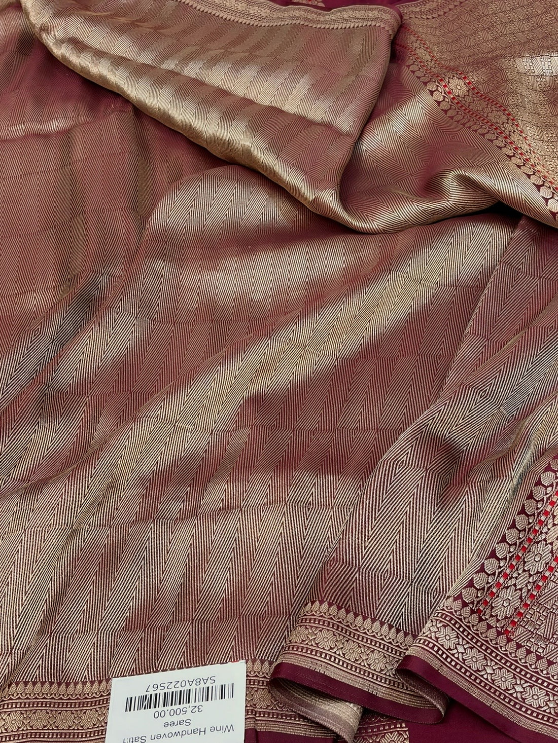 Wine Handwoven Pure Banarasi Satin Tanchoi Silk Saree – Luxury Wedding &amp; Festive Handloom