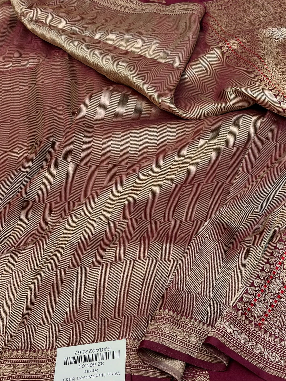 Wine Handwoven Pure Banarasi Satin Tanchoi Silk Saree – Luxury Wedding &amp; Festive Handloom