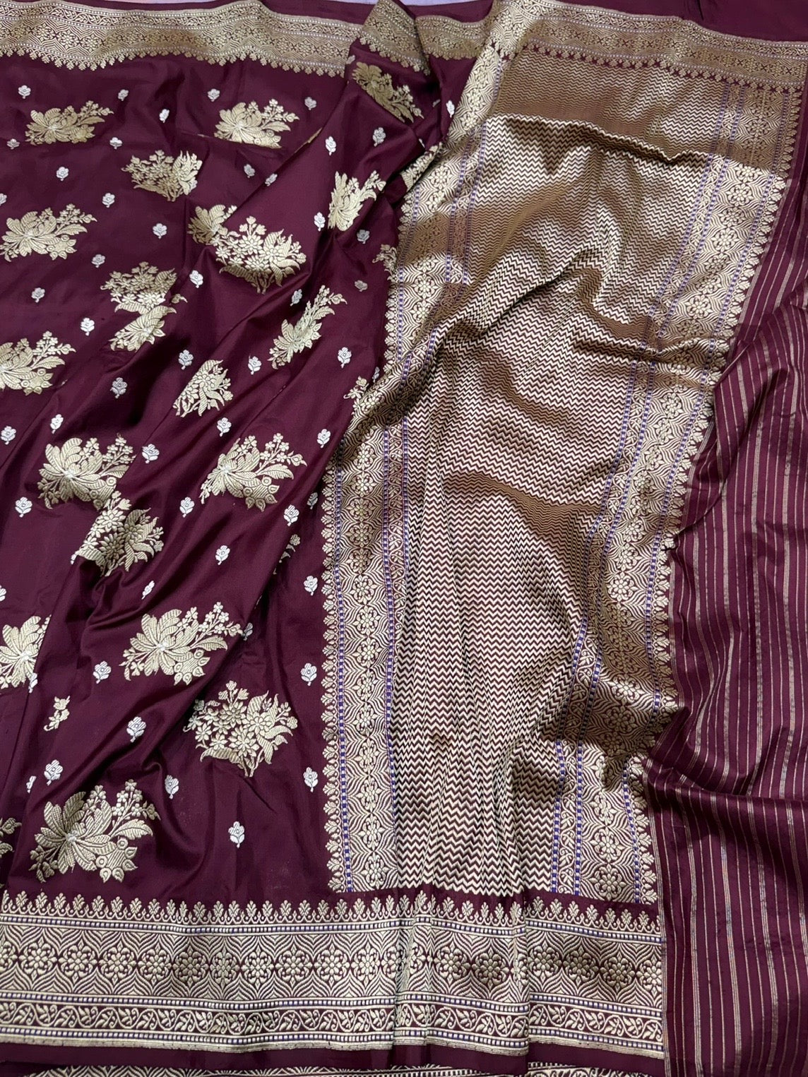 Wine Handwoven Pure Banarasi Silk Saree | Kadwa Katan Mulberry Silk