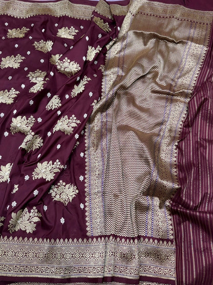 Wine Handwoven Pure Banarasi Silk Saree | Kadwa Katan Mulberry Silk
